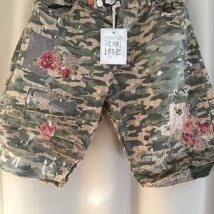 Magnolia Pearl Green Camouflage Cargo Shorts with Pink Floral Patches